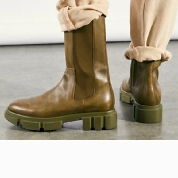 new!FREE PEOPLE olive green soft leather combat boot lug sole zipper elastic lux - Picture 3 of 17